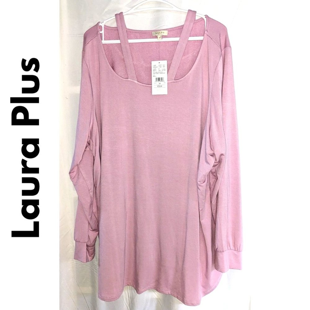 Plus Sz 3X Pink Sweater Sweatshirt Cut Out at Neckline Rounded Hem